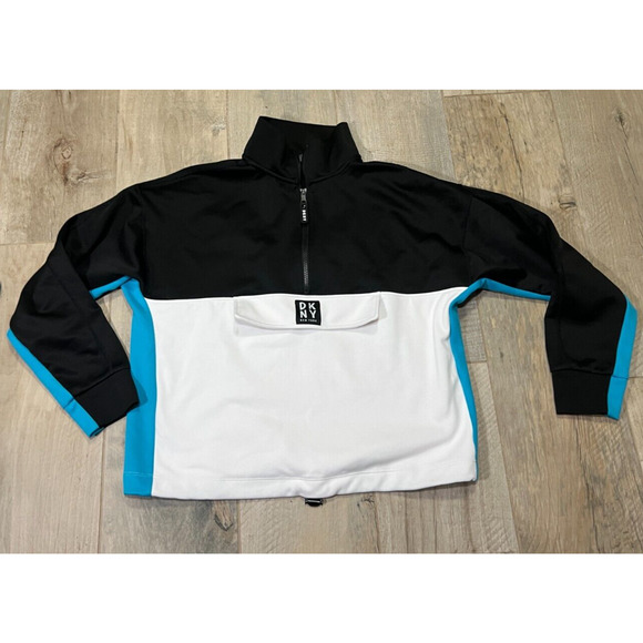 DKNY Sport Women's 1/2 Zip Pull Over Pocket Sweatshirt Black White Blue L - Picture 1 of 6